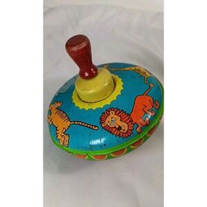 Vintage Toy Metal Spinning top Zoo Animals  Red Handle 50s Child's Toy Retro‎